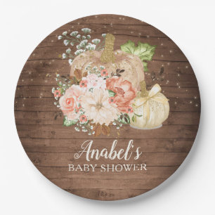 Floral Pumpkin Rustic Wood Fall Baby Dusche Pappteller
