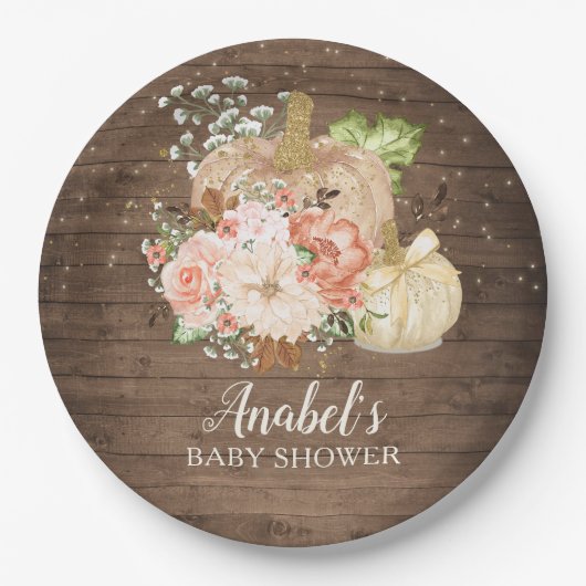 Floral Pumpkin Rustic Wood Fall Baby Dusche Pappteller (Vorderseite)