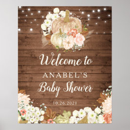 Floral Pumpkin Rustic Wood Welcome Baby Dusche Poster