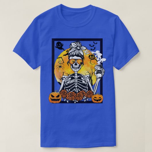 Floral Pumpkin Skeleton Messy Bun Drink Kaffee T-Shirt (Design vorne)