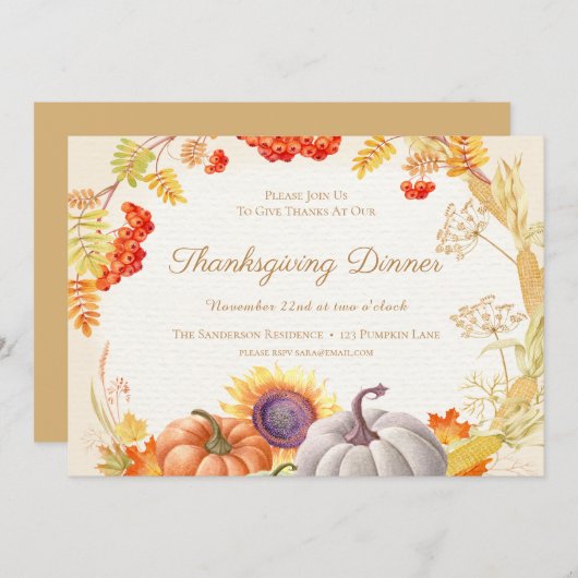 Floral Pumpkin Sunflower Erntedank Dinner Einladung (Vorne/Hinten)