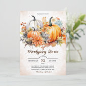 Floral Pumpkins Herbst lässt Friendsgiving-Dinner Einladung (Stehend Vorderseite)