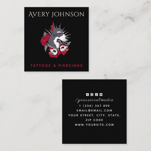 Floral Punk Rock Dog Tattoo Artist Social Media Quadratische Visitenkarte (Vorne/Hinten)