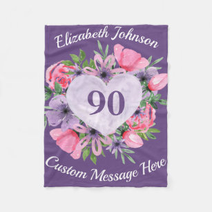 Floral Purple 90th Birthday Blanket for Women Fleecedecke