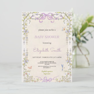 Floral purple babyshower party invitation einladung