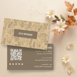 Floral QR Code Social Media Icons Neutral Chic Visitenkarte