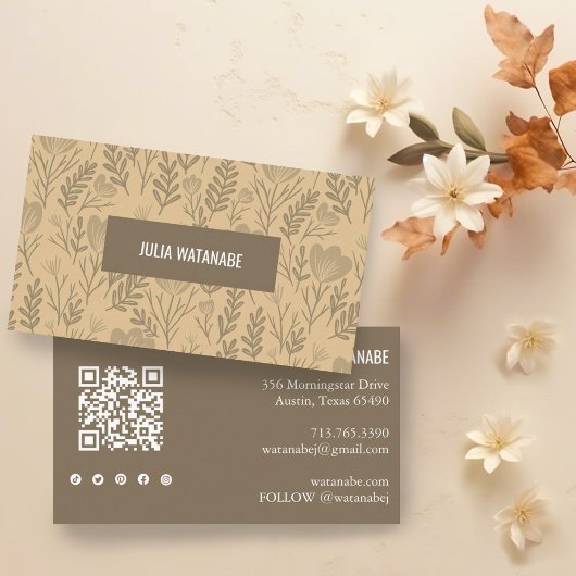 Floral QR Code Social Media Icons Neutral Chic Visitenkarte