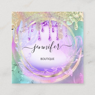 Floral QRCode Acrilic Nails Tropfen Holograph Quadratische Visitenkarte