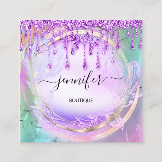 Floral QRCode Beruflich Shop Tropfen Holograph Quadratische Visitenkarte (Vorderseite)