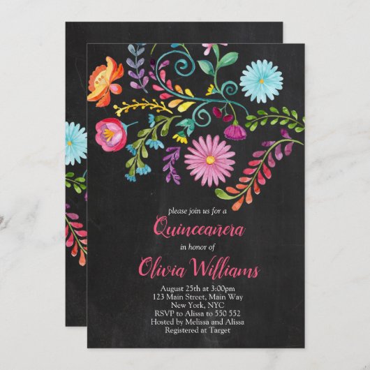 Floral Quinceanera Birthday Fiesta Mexikanisch Einladung (Vorne/Hinten)