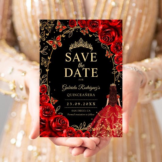 Floral Quinceanera Black Red Gold Save The Date