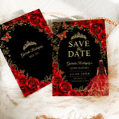 Floral Quinceanera Black Red Gold Save The Date