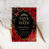Floral Quinceanera Black Red Gold Save The Date
