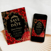 Floral Quinceanera Black Red Gold Save The Date