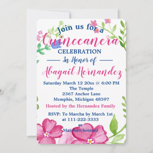 Floral Quinceanera Celebration Feiertagskarte (Vorderseite)