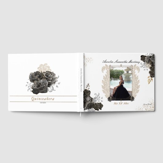 Floral Quinceañera Gästebuch Schwarz und Gold (Voll)
