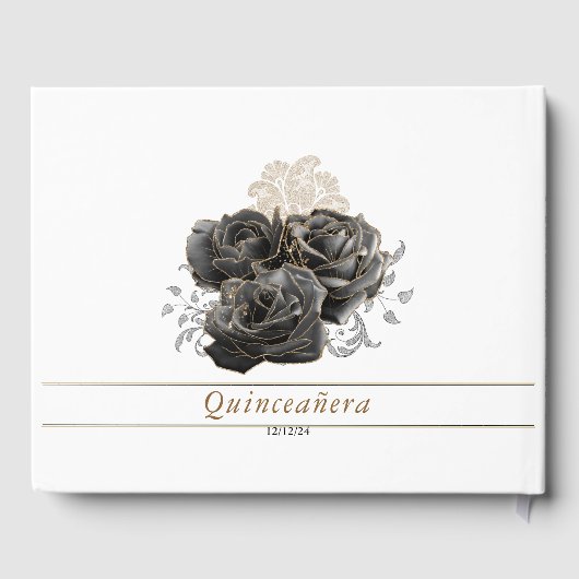 Floral Quinceañera Gästebuch Schwarz und Gold (Rückseite)