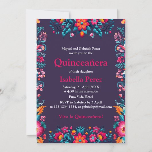 Floral Quinceanera Mexican Fiesta Birthday Einladung (Vorderseite)
