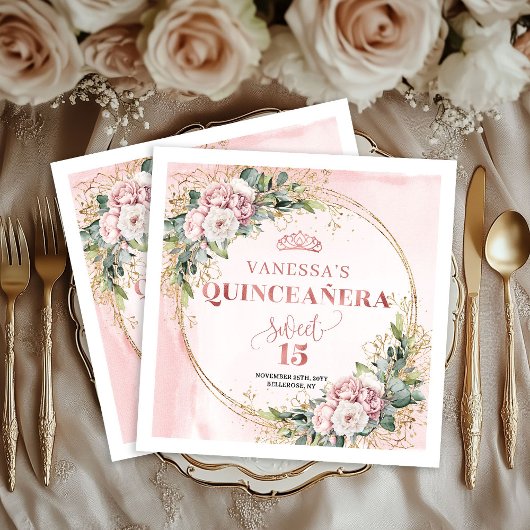 Floral Quinceañera Napkins in Dusty Pink and Gold Serviette