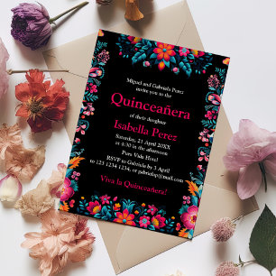 Floral Quinceanera Schwarz Mexican Fiesta Geburtst Postkarte