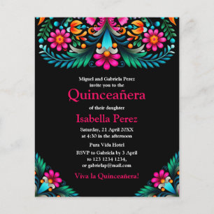 Floral Quinceañera Schwarz Mexikanische Fiesta Geb Flyer