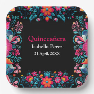 Floral Quinceañera Schwarz Mexikanische Fiesta Geb Pappteller