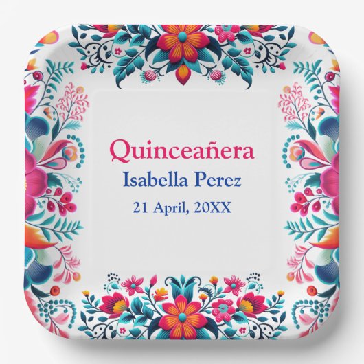 Floral Quinceanera Weiße mexikanische Fiesta Gebur Pappteller (Vorderseite)