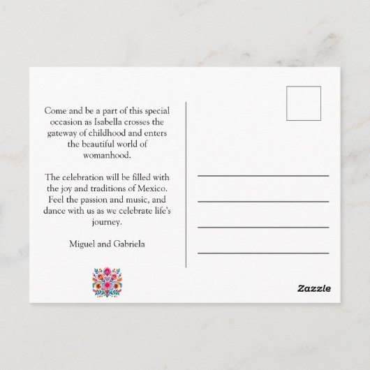 Floral Quinceanera Weiße mexikanische Fiesta Gebur Postkarte (Rückseite)