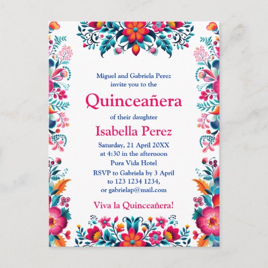 Floral Quinceanera Weiße mexikanische Fiesta Gebur Postkarte (Vorderseite)