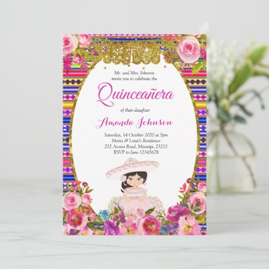 Floral Quinceñera Einladung Spanisch Einladung (Stehend Vorderseite)