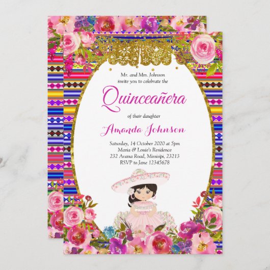 Floral Quinceñera Einladung Spanisch Einladung (Vorne/Hinten)