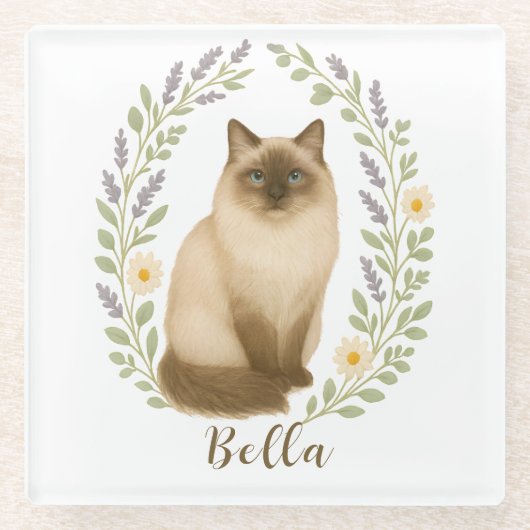Floral Ragdoll Cat Frame Personalized Name Glasuntersetzer (Vorderseite)