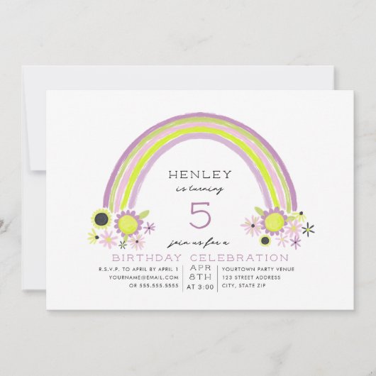 Floral Rainbow Birthday Neon Lavender Einladung (Vorderseite)