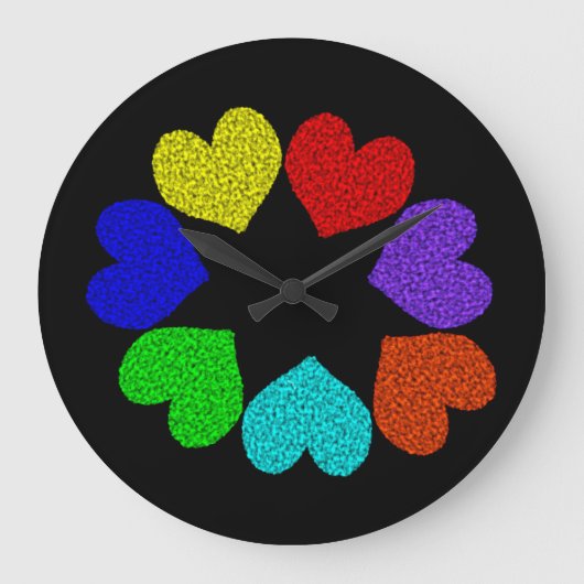 Floral Rainbow Love Hearts Wall Clock Große Wanduhr (Vorderseite)