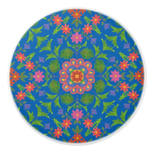 Floral Rangoli Muster auf Blue Keramik Knob Keramikknauf (Vorderseite)