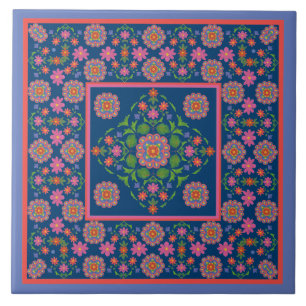 Floral Rangoli Muster Border, blaue Keramik Tile Fliese