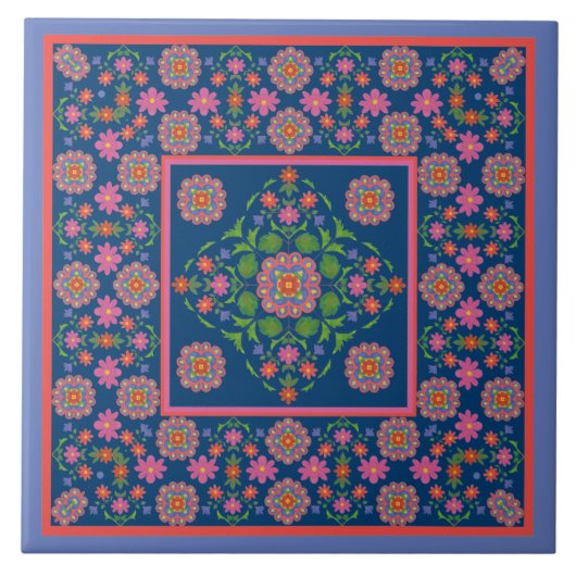Floral Rangoli Muster Border, blaue Keramik Tile Fliese (Vorderseite)