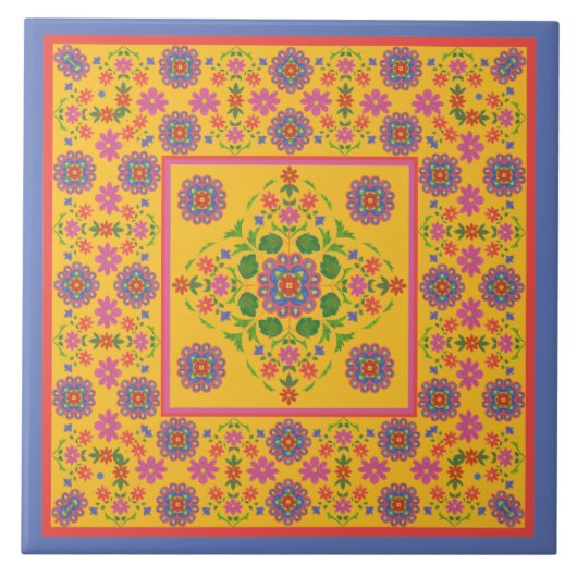 Floral Rangoli Muster Border, Gelbe Keramik Tile Fliese (Vorderseite)