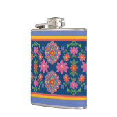 Floral Rangoli Muster Border on Blue Hip Flask Flachmann (Links)