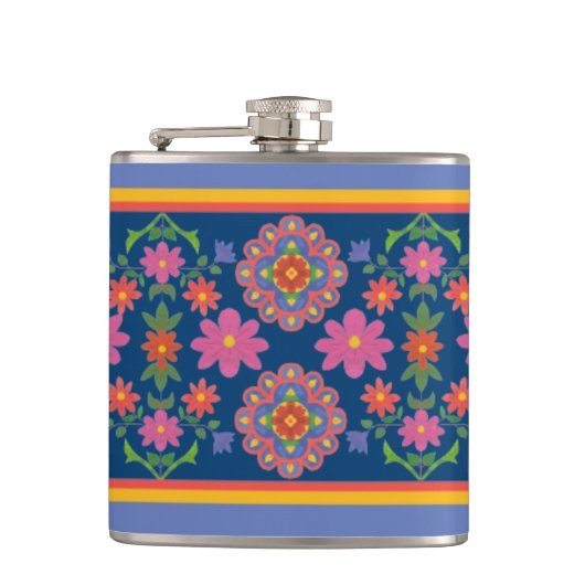 Floral Rangoli Muster Border on Blue Hip Flask Flachmann (Vorderseite)