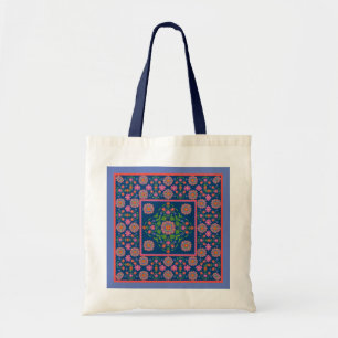 Floral Rangoli Muster Border on Blue: Tote Bag Tragetasche