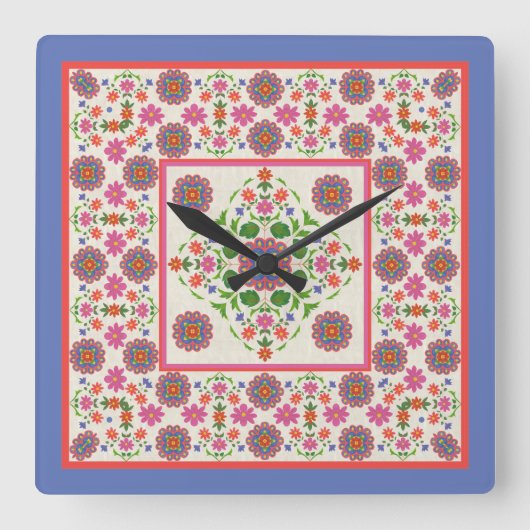 Floral Rangoli Mustergrenze zu Ecru: Wall Clock Quadratische Wanduhr (Vorderseite)