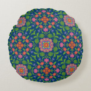 Floral Rangoli, tiefblaues Rundkissen oder Kissen