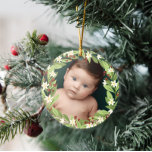 Floral Red Berries Greenery Wreath Photo<br><div class="desc">Beautiful floral Christmas ornament with your photo inside a floral berry wreath of sage green greenery,  white flowers,  and red berries. Add your baby's name and the year on the back.</div>