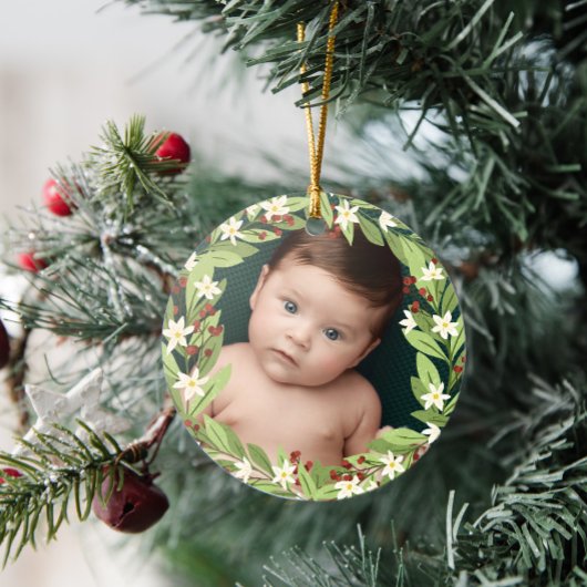 Floral Red Berries Greenery Wreath Photo Keramik Ornament