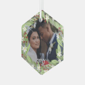 Floral Red Berries Greenery Wreath Photo Ornament Aus Glas (Vorderseite Links)