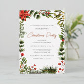 Floral Red Berries Weihnachts-Party Rose Gold Folieneinladung (Stehend vorne)