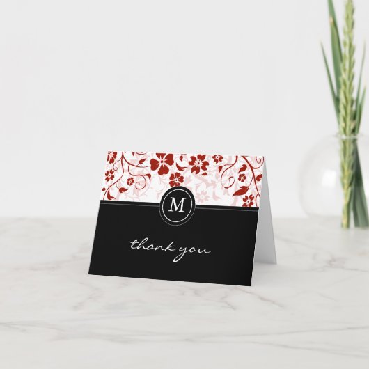 Floral Red Black Monogram Danke Karte (Vorderseite)