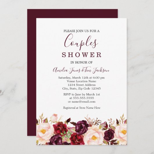 Floral Red Burgundy Marsala Wedding Couples Dusche Einladung (Vorne/Hinten)