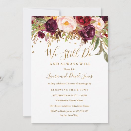 Floral Red Burgundy Vow Renewal Einladung (Vorderseite)